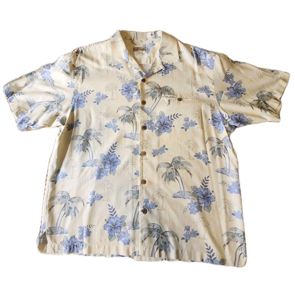 Mens 100% Silk Tropical Island Hawiian Palm Tree Theme Shirt Cream Blue Size XL